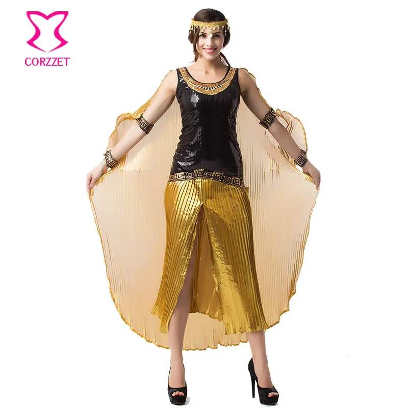 Золото Ruched и черный Блёстки Клеопатра нарядное платье с накидкой Косплэй Сексуальные Египетский Костюм Костюмы на Хэллоуин для Для женщин для взрослых