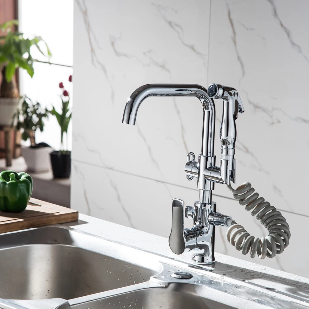 Pull out Side Sprayer Dual Spout Single Handle Mixer  Hot And Cold Deck Mounted  Kitchen Faucets Sink Faucet 360 Rotation Taps36