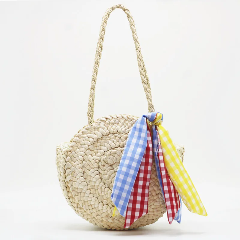 

2019 New Hot Gabardine Female Straw Woven Bag Single Shoulder Woven Female Bag Pure Color Round Silk Scarf Pure Straw Bag Tide