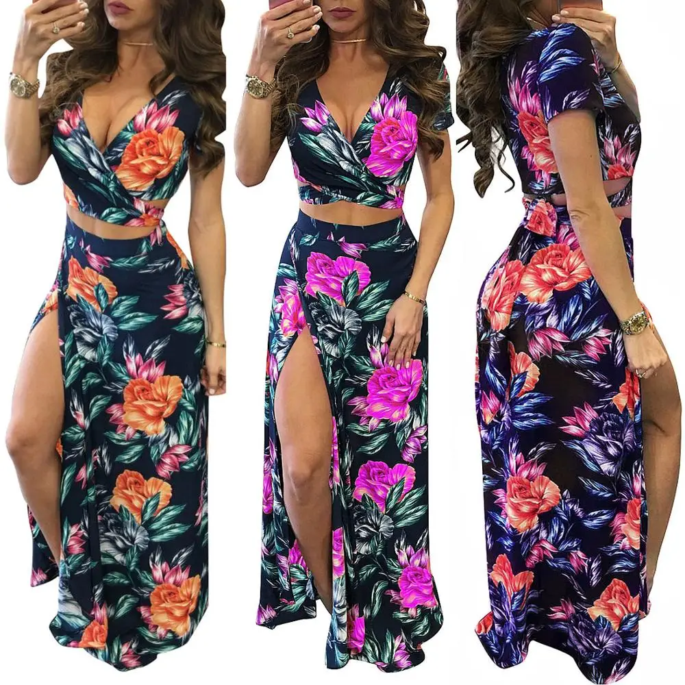 

Women two piece skirt set print bandage crop top long skirt 2 piece set for women tops skirts two pieces sets women's suits