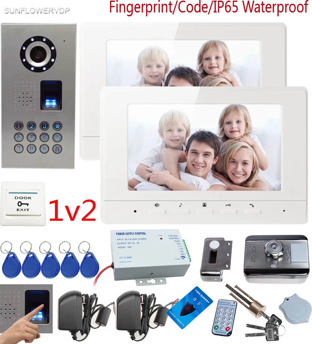 

SUNFLOWERVDP Videophone Fingerprint CCD Door Bell Camera 7" Color Indoor Monitor Interphone With Rfid Cards Unlock Door Lock 1v2