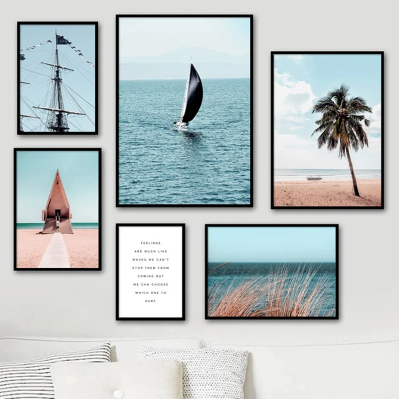 

Poster Nordic Prints Seaside Scenery Pictures Palm Trees Home Sailboat Wall Art Modular Painting Canvas Living Room Decor