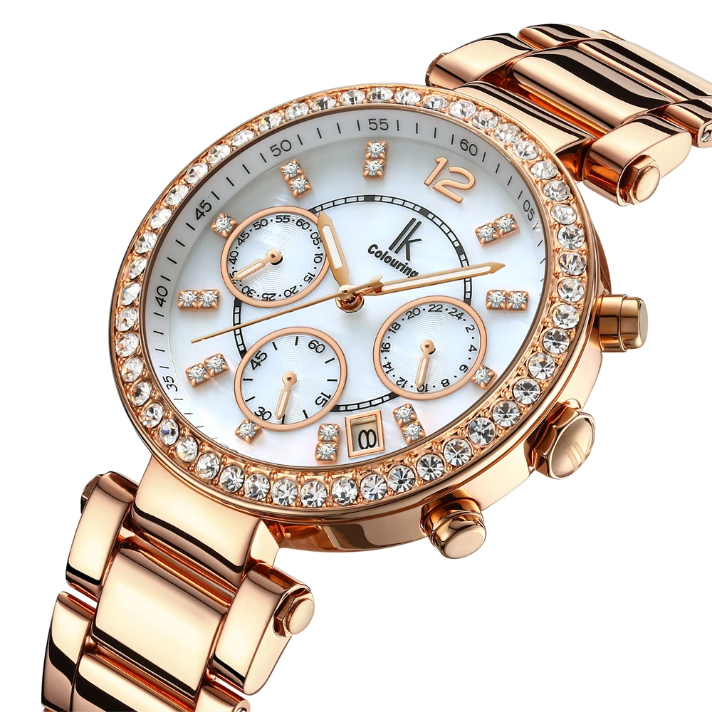

2018 New IK Colouring Luxury Dress Women's Fashion Date Rose Gold Black White Dial Stainless Steel Quartz Watch Wristwatch Gift