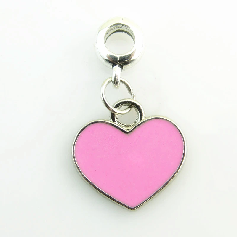 New Beautiful Big Hole Enamel Pink Heart Dangle Charms Fit Charm
