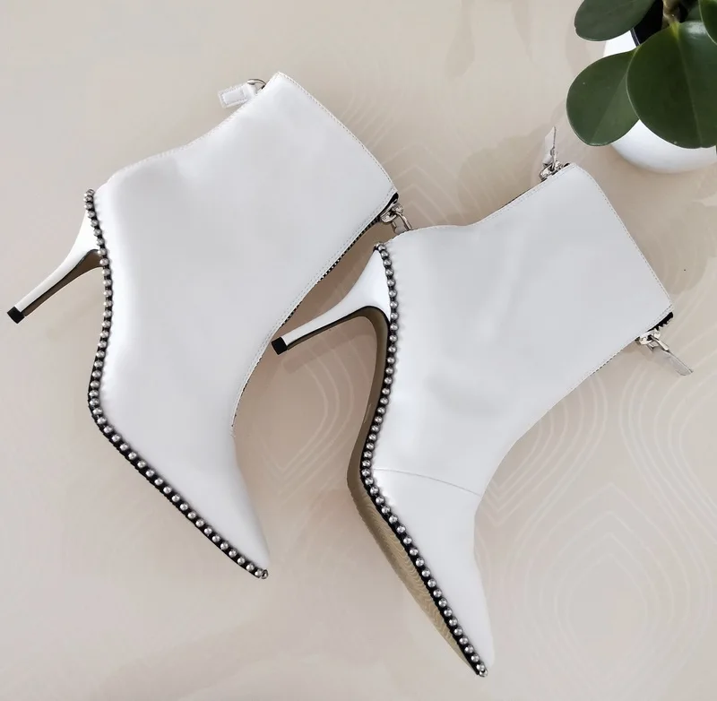 HZXINLIVE/Роскошные брендовые дизайнерские женские ботильоны с шипами; пикантные женские ботинки с острым носком и заклепками; Женские ботинки в стиле панк на шпильке