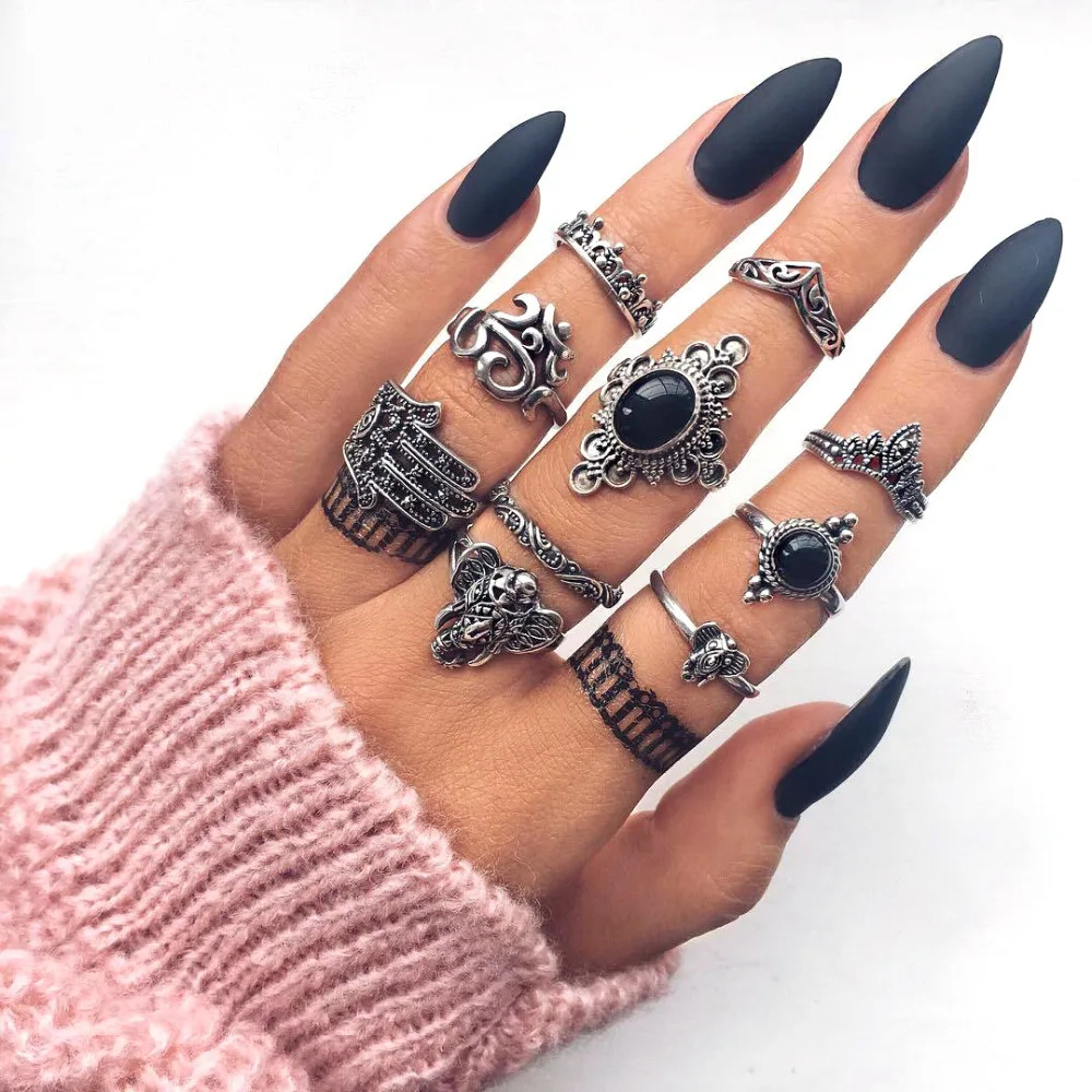 

10 Pcs/set Bohemian Retro Elephant Crown Flower Black Adjustable Silver Ring Vintage Jewelry Accessories Rings For Women