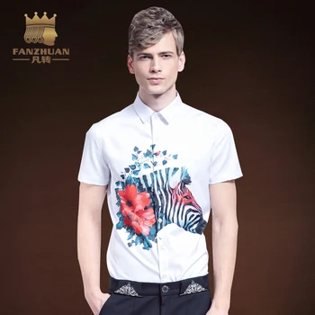 

FANZHUAN Featured Brands Men Short Sleeve Shirt Animal Pattern Print Tops Shirt Fashion Mens Dress Shirts Slim Hawaiian Shirts