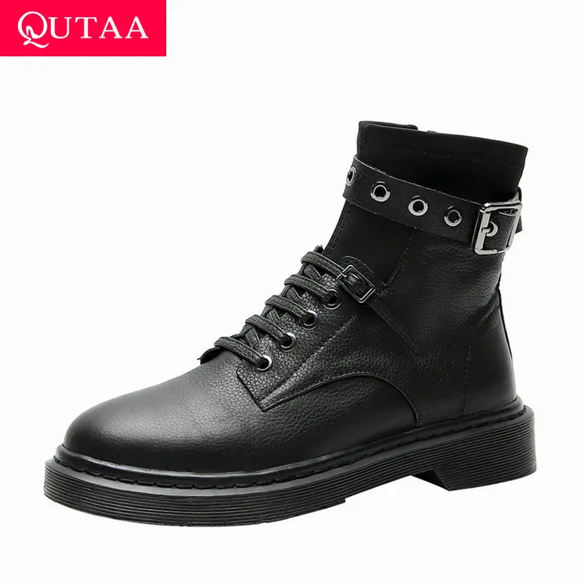 Comprar QUTAA 2020 zapatos de mujer de moda con hebilla de punta redonda con plataforma botas de tobillo de tacón bajo de cuero genuino con cordones y cremallera talla 34 42