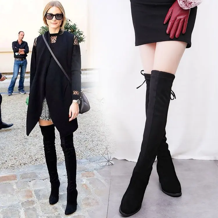 Dijigirls/осенне-зимние женские сапоги выше колена; эластичные облегающие сапоги на толстом высоком каблуке с острым носком