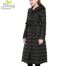 Hot 2016 Snow Winter Women’s Anorak 90 % White Duck Down Jacket with Belt Longer Section Knee Hooded Double Breasted Jackets