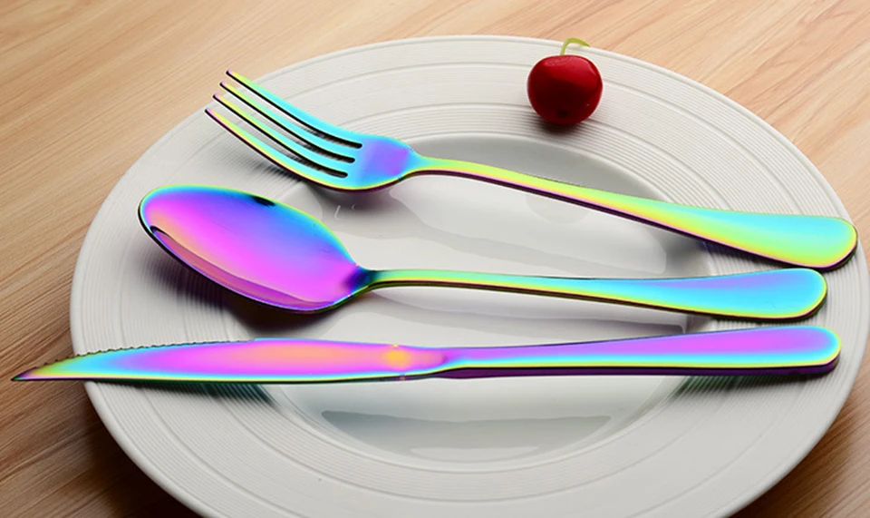 LIYIMENG Stainless Steel Rainbow Tableware Set Dinnerware Set Western Food Cutlery Tableware Dinnerware Set Kitchen Accessories 2