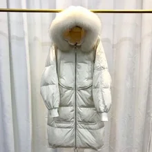 Большой натуральный мех енота зимнее пальто куртка Женская длинная куртка на белом утином пуху теплая свободная парка размера плюс пуховое пальто высокого качества