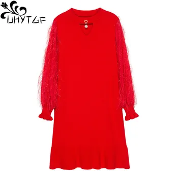 

UHYTGF 2019 Long Sleeve Plus Size Dress Women Knit Pullover Spring Sweater Dress Fashion stitching Elegant Womens Mini Dress 175