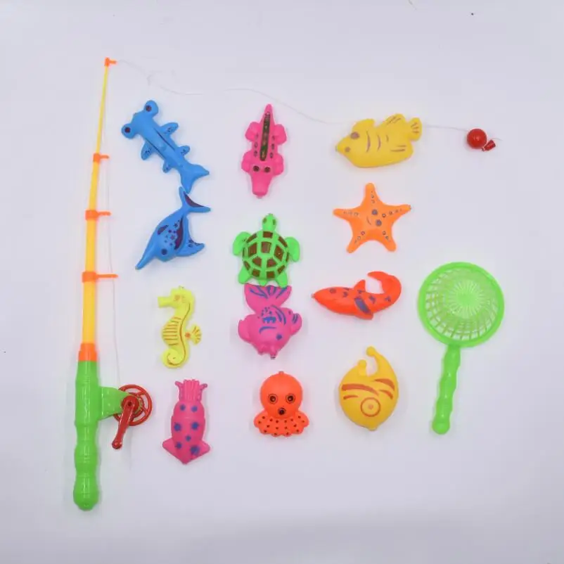 14 шт. комплект Магнитная рыбалка игрушка игры дети 1 стержень 1 Чистая 12 3D РЫБЫ Детские игрушки для ванной отдых на открытом воздухе