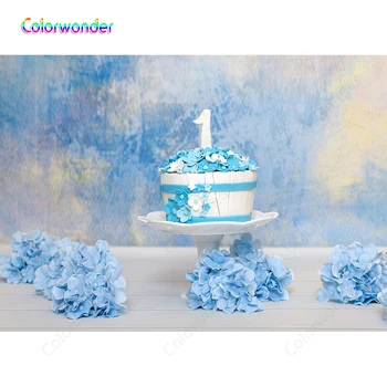 

Photography Backgrounds Oil Painting Wall with Wooden Floor White Cake with Candy Blue Flowers Backdrops for Kids 1st Birthday