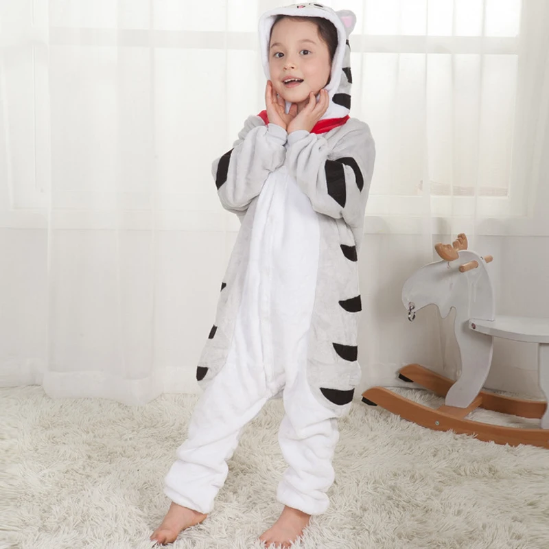 Attractive Cheese Cat Kigurumi Children Onesies Cartoon Kids Flannel Pajamas One piece Sleepwear Cosplay For Halloween Jumpsuit (3)