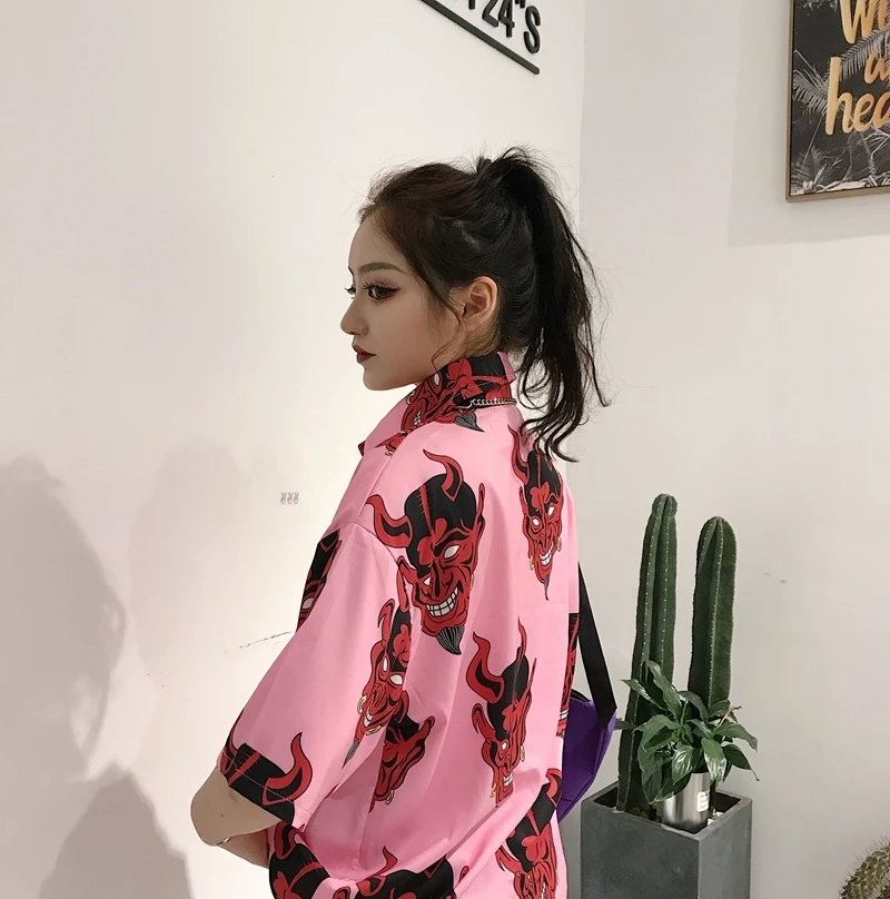 Harajuku рубашка blusas Женская ulzzang с длинным рукавом женская блузка srping Осень Свободный дьявол в готическом стиле с принтом Блузки корейские женские топы