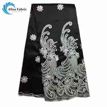 

Latest Design African George Lace Fabric,High Quality Black George Silks Lace Embroidered And White Sequins For Wedding Dress