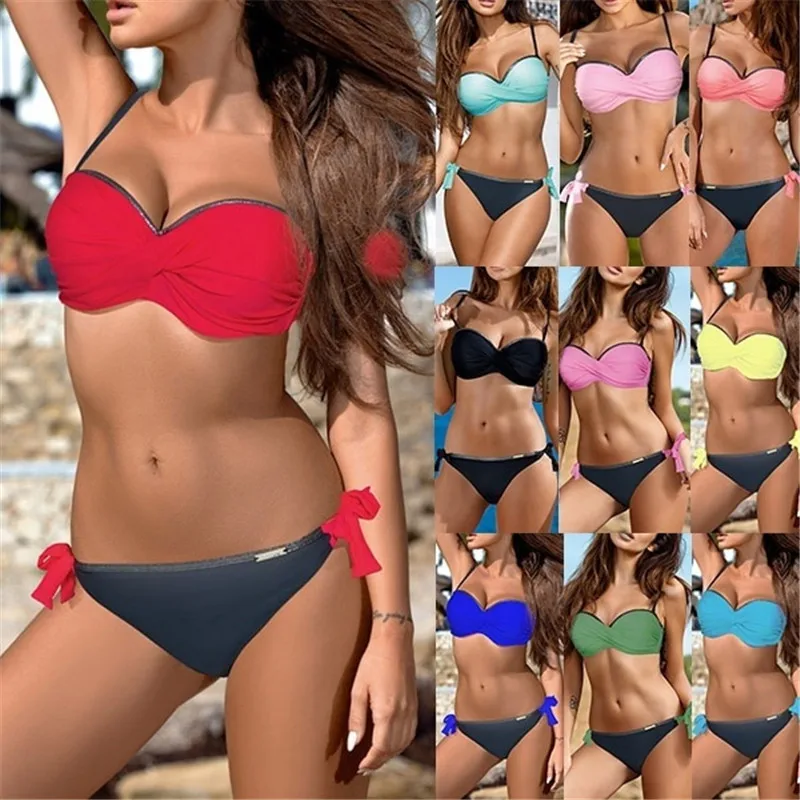 

2019 Women Bandeau Red Push Up Swimsuit Sexy Padded Europe Bikini Set Female Swimwear Summer Beachwear Bathing Suit Biquini