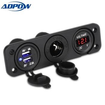 

ADPOW 3 Port Motorcycle Motorbike Car Charger LED Digital Voltmeter Socket Splitter Cigarette Lighter Dual USB Plug Adapter