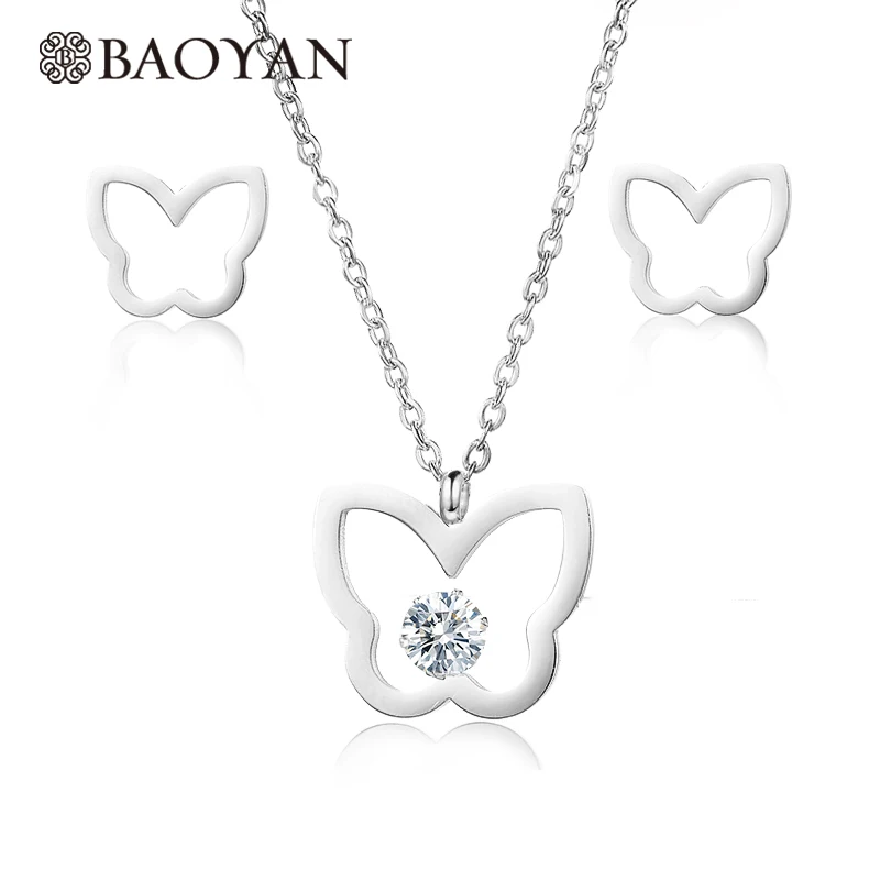 

Baoyan Gold Silver Color Stainless Steel Crystal Hollow Butterfly Pendant Necklace Set for Women for Girls Best Gift
