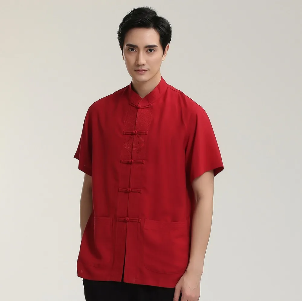 Red Chinese Classic Men Casual Short Sleeve Shirt Cotton Linen Kung Fu Tai Chi Shirts Embroidery