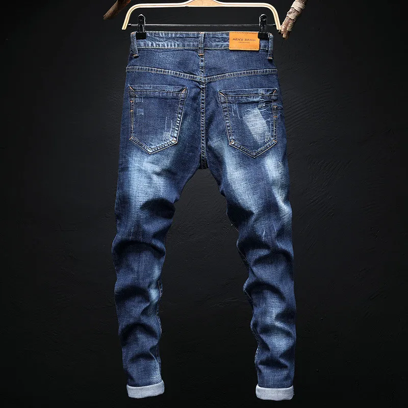 Newsosoo для мужчин вышитые джинсовые штаны прямые стрейч рваные джинсы мотобрюки рваные джинсы с вышивка промывают синий