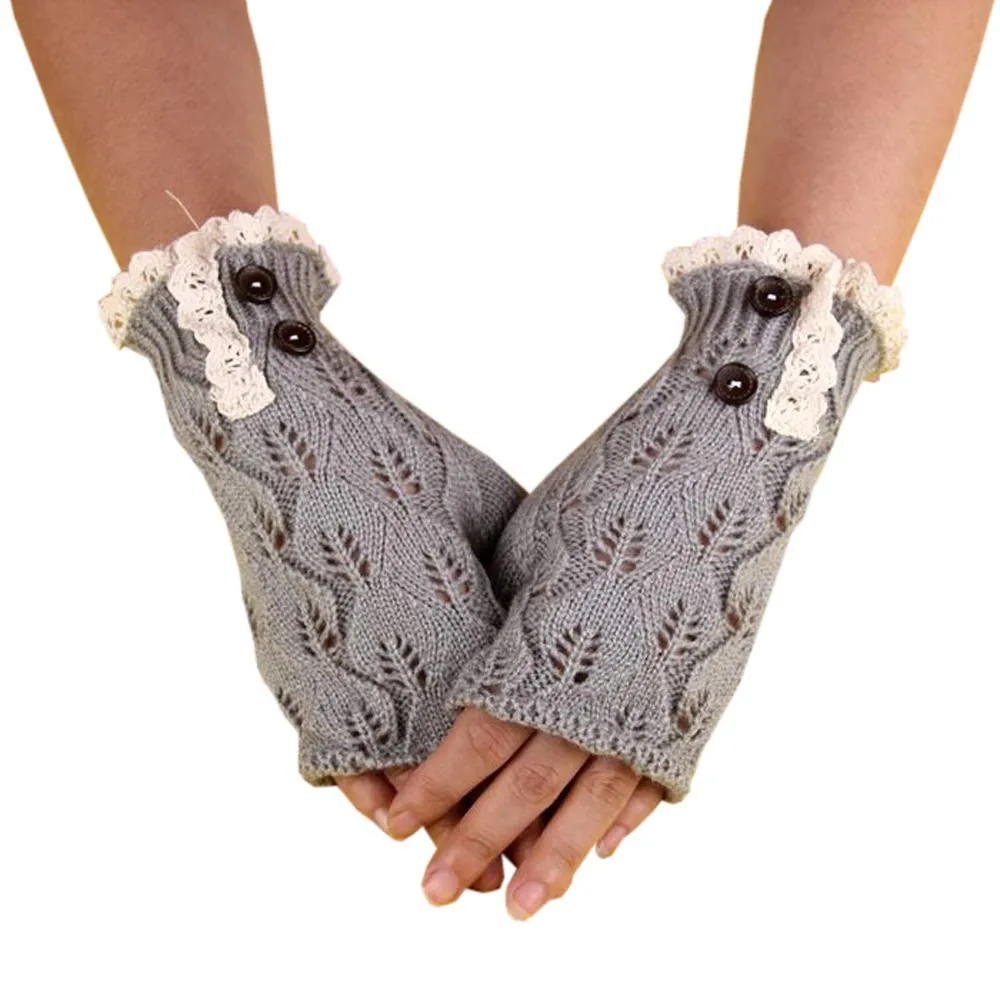 Модные вязаные теплые кружевные перчатки на пуговицах - Цвет: GY