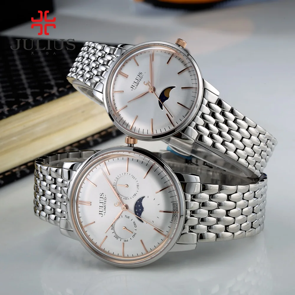 Часы с хронографом Julius модные кварцевые часы из стали 316L логотипом бренда Moon Phase