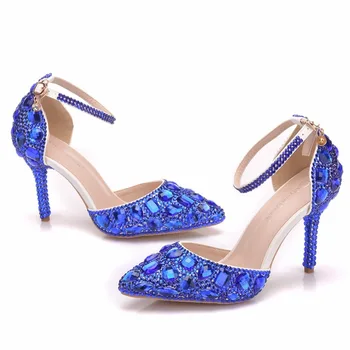 

Blue Rhinestone Bridal Dress Shoes Sandals High Heels 9.5CM Wedding Party Prom Shoes Crystal Christmas Party Pumps Women Shoes