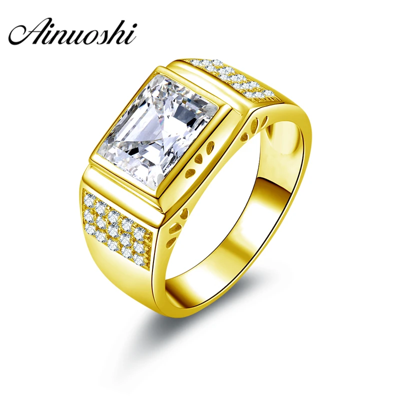 

AINUOSHI Luxurious 10K Solid Yellow Gold Men Ring Wide Rectangle Ring Engagement Wedding Male Jewelry 8.3g Generous Wedding Band