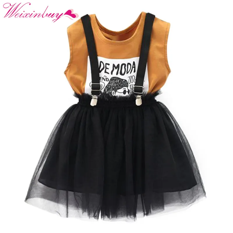 

T-shirt Baby Girl Clothes Set Summer Top Vest Cartoon T-shirt + Mesh Strap Dress Baby Clothes Set Fashion Girl Strap Skirt