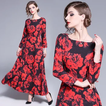 

womens woman Vintage Skater beach dress maxi spring autumn winter printed Floral flower runway long sleeves A-line Swing dresses