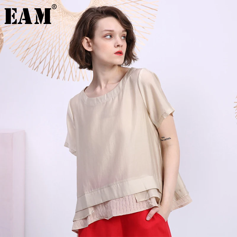 

[EAM] 2019 New Spring Summer Round Neck Short Sleeve Striped Black Hem Mesh Split Joint Loose T-shirt Women Fashion Tide JW171