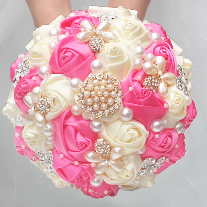 

18CM Artificial Silk Rose Wedding Flowers Bride Bridesmaid Bouquet Bridal Holding Flowers Gorgeous Rhinestones Brooches Bouquet
