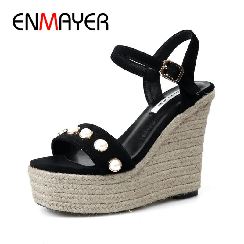 

ENMAYER Summer High Heel Sexy Sandals Casual Buckle Strap Pumps Shoes Black Light Tan Solid Shoes Wedges Platform Sandals Shoes