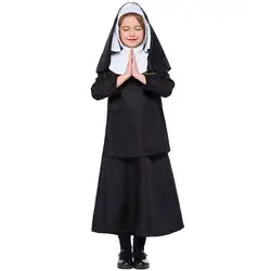 Малыш девушки Хэллоуин монахиня костюм черный с капюшоном платок платье Набор Необычные католической накидка форма для ребенка