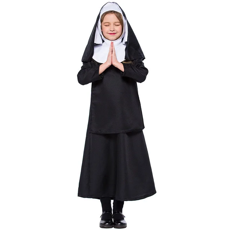 

Kid Girls Halloween Nun Costume Black Hooded Shawl Gown Dress Set Fancy Catholic Cloak Cape Uniform For Baby Child