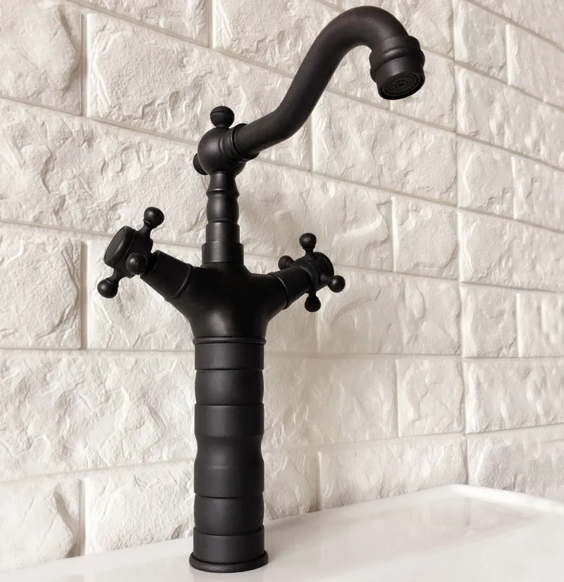 Black Oil Rubbed Brass Dual Cross Handles One Hole Bathroom Kitchen Basin Sink Faucet Mixer Tap Swivel Spout Deck Mounted mnf347