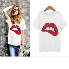 2016 Summer Tops Red Green Kiss Tooth Lip Tees Women Girl T Shirt Sequin Lips Designs Tshirt Woman Clothes fashion femininas