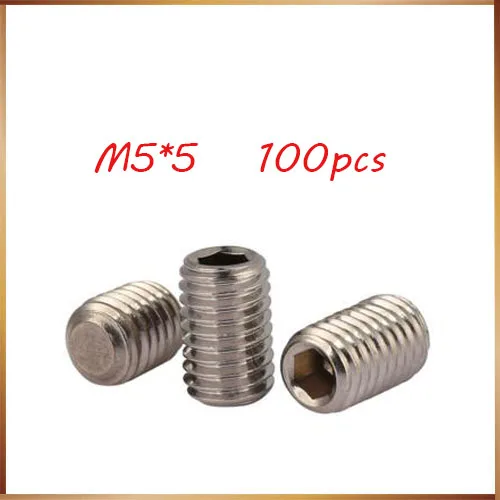 

100Pcs DIN913 M5*5mm 304 Stainless Steel Metric Thread Grub Screws Flat Point Hexagon Socket Set Screws Headless M5 bolts,nails
