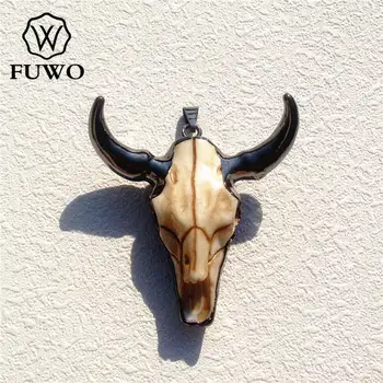

FUWO Black Electroplate Bull Skull Horn Pendant High Quality Cattle Head Tombstone Charm Vintage Western Jewelry Wholesale PD058