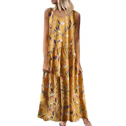 2019 женские платья больших размеров богемное винтажное платье с круглым вырезом и цветочным принтом без рукавов Длинное Макси платье