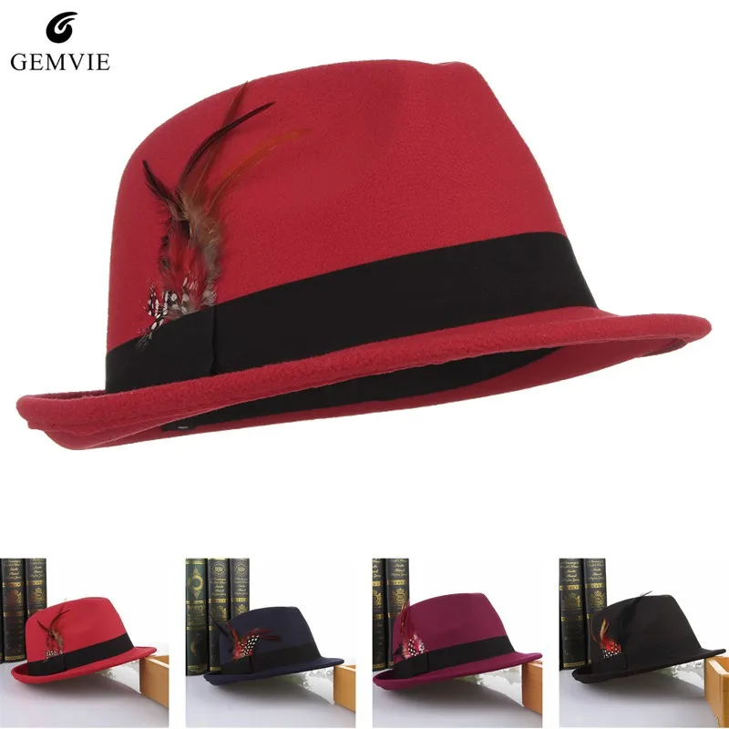 Classical Jazz Cap Hats Men Wool Fedoras Feather Decor Solid Color Felt
