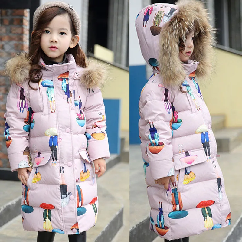

down winter jacket for girls 2017 autumn winter fur hooded character long thick warm children's winter jackets outwear clothing