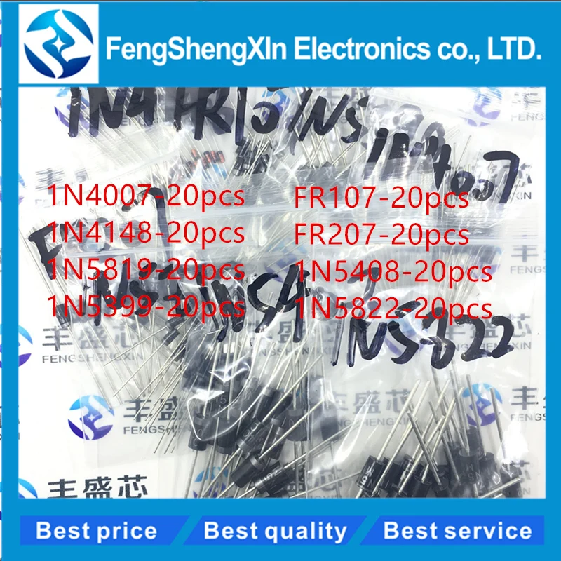 

8values X20pcs=160pcs Common diode Kit 1N4148 1N4007 1N5819 1N5399 FR107 FR207 1N5408 1N5822
