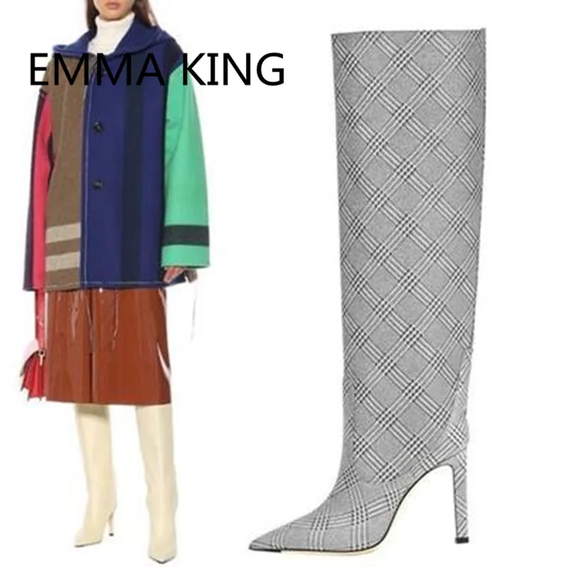 

2019 New Vintage Gingham Design Women Knee High Boots Pointed Toe Sexy Thin High Heels Ladies Runway Shoes Woman Knight Boots