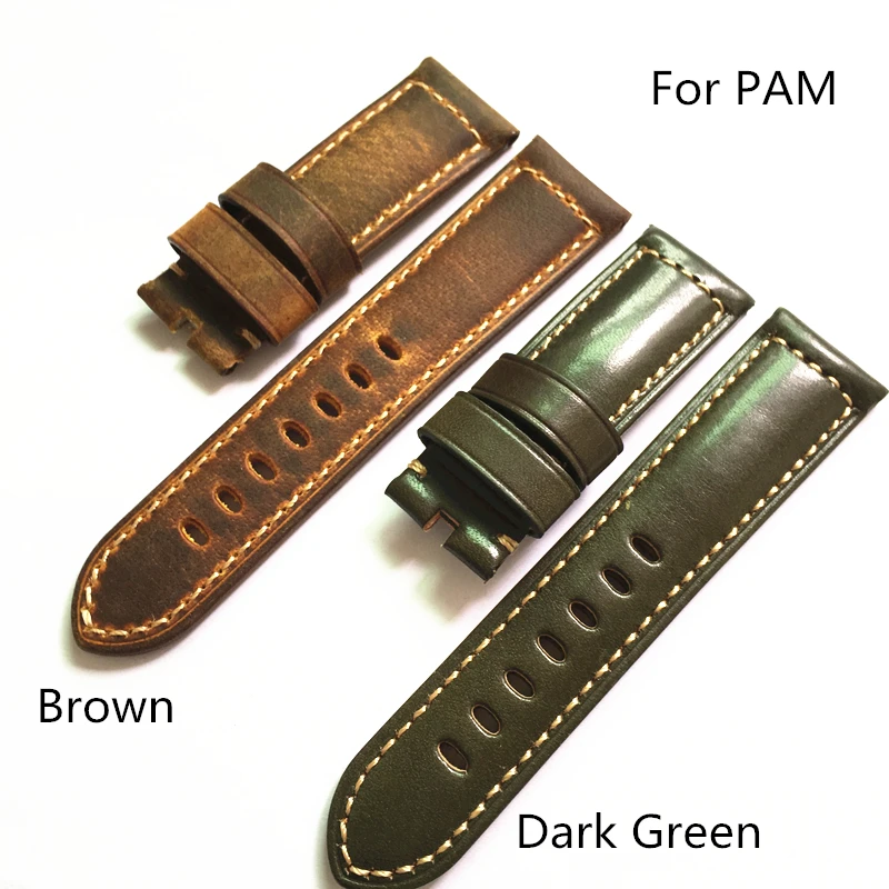 

LUKENI 24mm 26mm Brown Green Italy Genuine Leather Vintage Watch Strap Watchband For PANERAI Pam With Word Without Buckle
