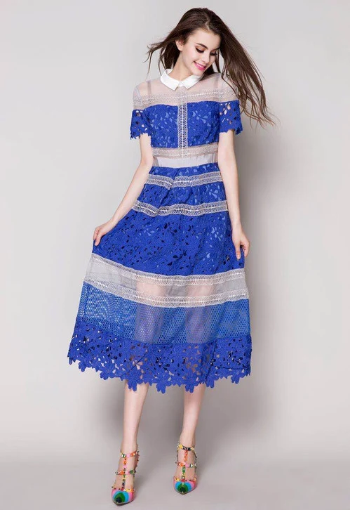 Платье Self Portrait женская одежда плюс размер платье-футболка сетки лоскутное синий крючком платье с коротким рукавом сексуальные прозрачные платья