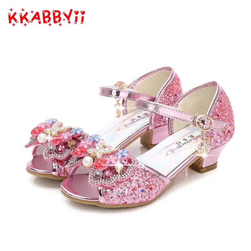 Princess Girls Shoes Sandals Rhinestone Butterfly Children Bowtie Hight Heels Slip on Party Dance | Детская одежда и обувь